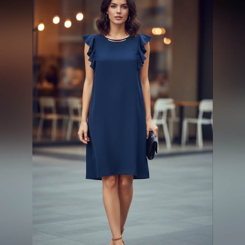 Zara Navy Blue Ruffle Sleeve Shift Cocktail Dress Gold/Red Bar Neckline M